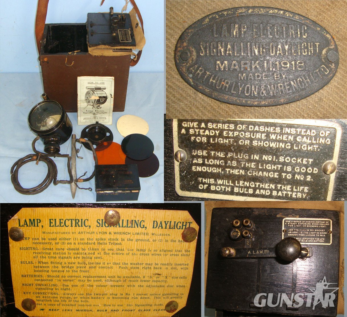 RARE**WW1 1918 Wood Transit Cased 1918 British Military Lamp Electric Signaling, Daylight Mark 1 Morse Code Set By Arthur Lyon & Wrench Ltd With Accessories & Original Illustrated Instruction Pamphlet. Sn 22553:18  Antique & Militaria