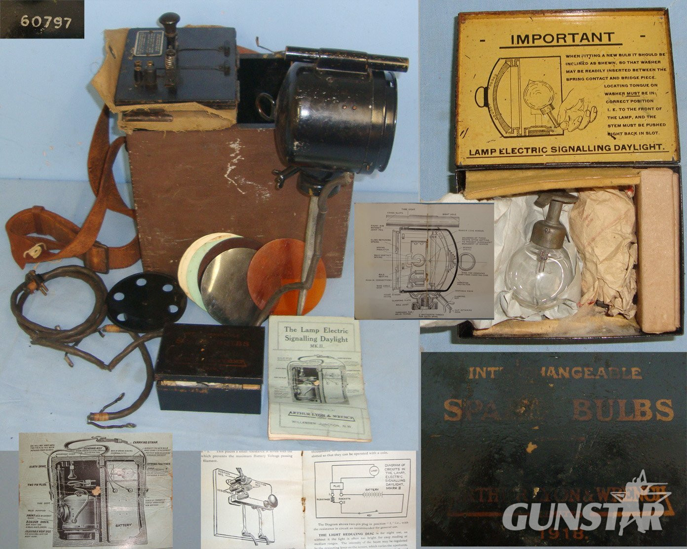  RARE**WW1 1918 Wood Transit Cased 1918 British Military Lamp Electric Signaling, Daylight Mark 1 Morse Code Set By Arthur Lyon & Wrench Ltd With Accessories & Original Illustrated Instruction Pamphlet. Sn 22553:18  Antique & Militaria