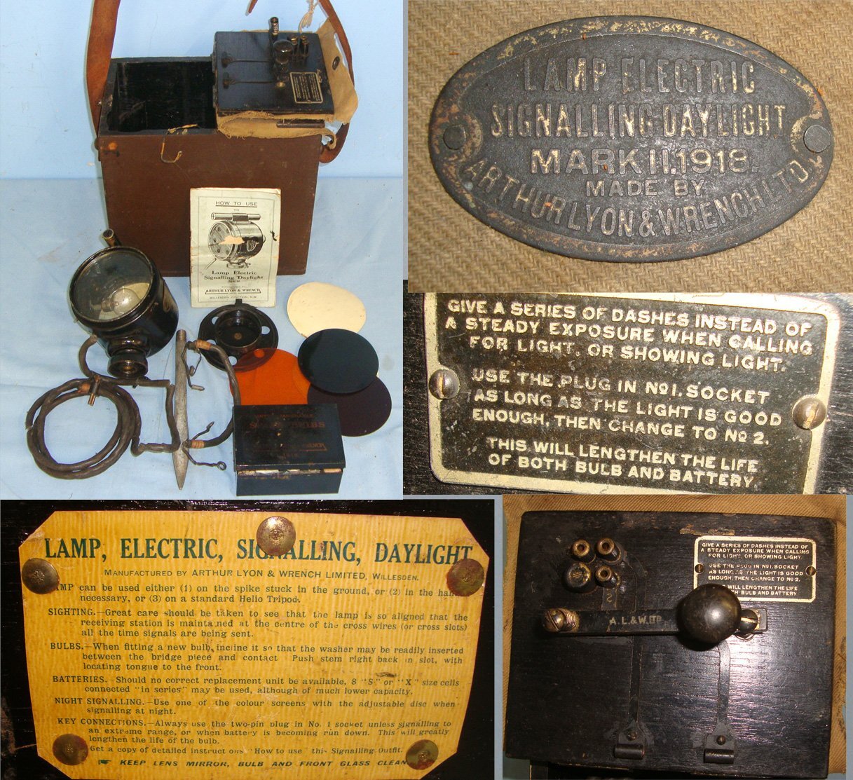 RARE**WW1 1918 Wood Transit Cased 1918 British Military Lamp Electric Signaling, Daylight Mark 1 Morse Code Set By Arthur Lyon & Wrench Ltd With Accessories & Original Illustrated Instruction Pamphlet. Sn 22553:18  Antique & Militaria
