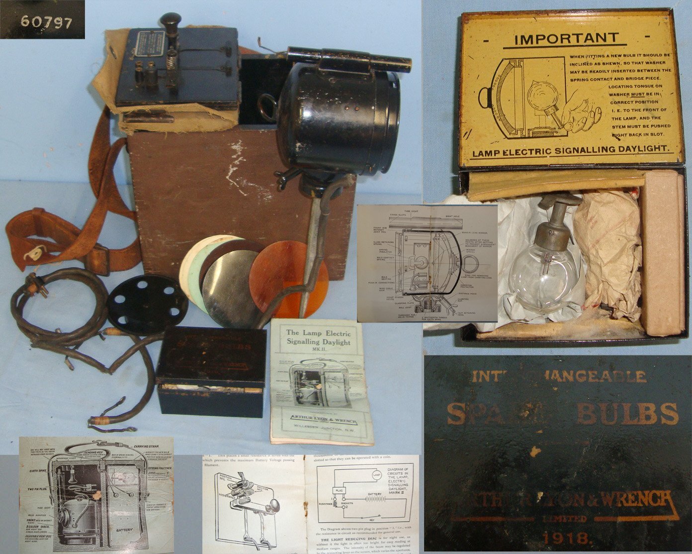  RARE**WW1 1918 Wood Transit Cased 1918 British Military Lamp Electric Signaling, Daylight Mark 1 Morse Code Set By Arthur Lyon & Wrench Ltd With Accessories & Original Illustrated Instruction Pamphlet. Sn 22553:18  Antique & Militaria