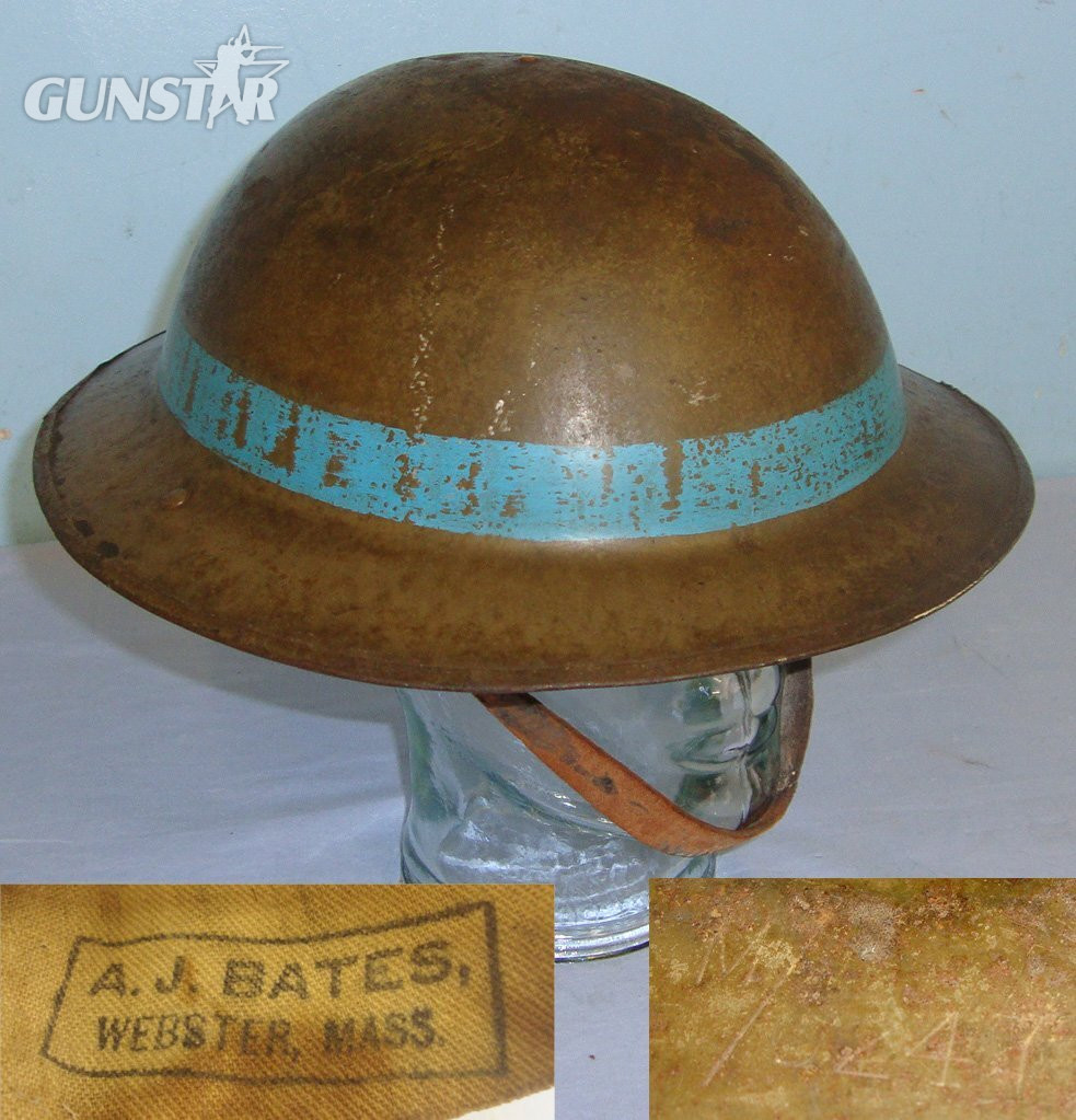 WW1 British Made Brodie Combat Helmet By M/247 (J & J Maxfield & Sons Ltd Sheffield 1916 –1918) Supplied To U.S Army Expeditionary Forces (U.S Designation The Model 1917 Trench Combat Helmet) With A.J. Bates Webster Mass (Massachusetts USA) Liner. Sn  2  Clothing in 