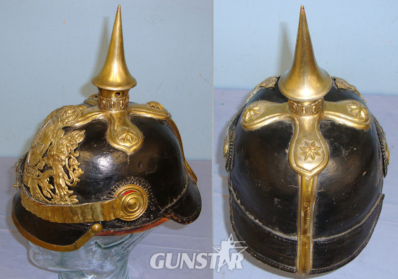 WW1 Imperial German Bavarian Reserve Infantry Officer’s Fibre Pickelhaube Helmet With Brass Fittings, National & State Cockades, Large Helmet Plate & Removable Spike Top. Sn 20643:1  Clothing