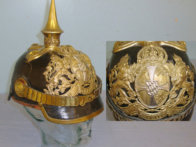 WW1 Imperial German Bavarian Reserve Infantry Officer’s Fibre Pickelhaube Helmet With Brass Fittings, National & State Cockades, Large Helmet Plate & Removable Spike Top. Sn 20643:1  Clothing