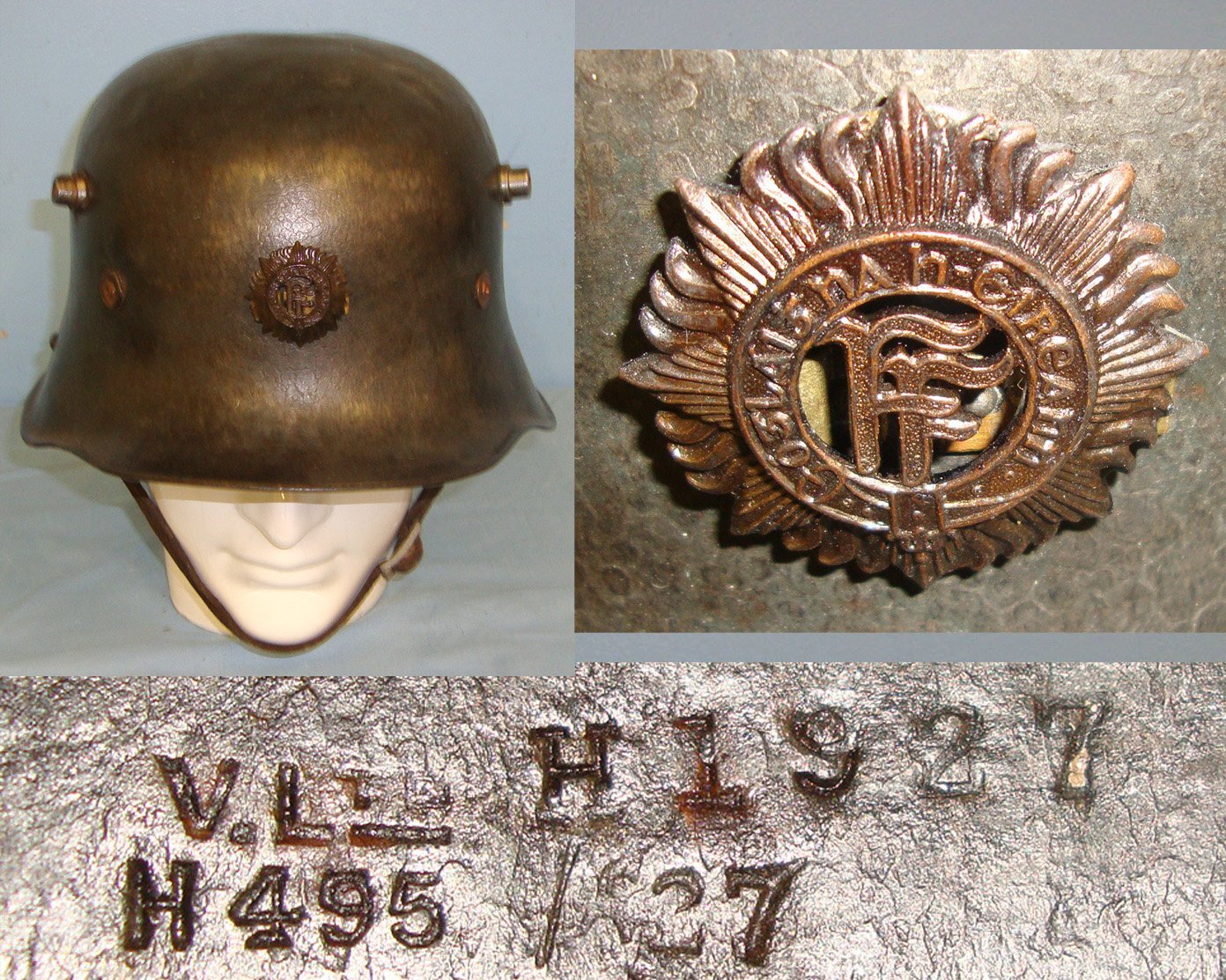 SCARCE** Irish Free State Army \'Coal Scuttle\' Model 1927 Combat Helmet By Vickers Ltd Number 495 Of Only 10,021 With Original Modified Officer’s Badge, Liner & Chin Strap. HE 850  Antique & Militaria