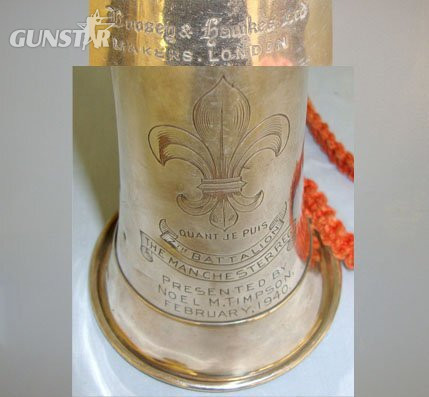 Early WW2 1940 Silver Plated Brass Regimental Bugle Engraved to the 7th Battalion Manchester Regiment By Boosey & Hawkes London, Presented To The Battalion By Noel M Timson With Lanyard. Sn 16081. Early WW2 1940 Silver Plated Brass Regimental Bugle Engraved to the 7th Battalion Manchester Regiment By Boosey & Hawkes London, Presented To The Battalion By Noel M Timson With Lanyard. Sn 16081. Other Accessory