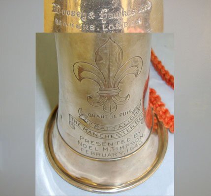 Early WW2 1940 Silver Plated Brass Regimental Bugle Engraved to the 7th Battalion Manchester Regiment By Boosey & Hawkes London, Presented To The Battalion By Noel M Timson With Lanyard. Sn 16081. Early WW2 1940 Silver Plated Brass Regimental Bugle Engraved to the 7th Battalion Manchester Regiment By Boosey & Hawkes London, Presented To The Battalion By Noel M Timson With Lanyard. Sn 16081. Other Accessory