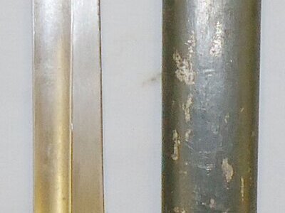Imperial German WWI 1915 Dated Early Pattern Model 1898/05 Butcher Bayonet with Muzzle Ring/Quillon Removed and Steel Scabbard. BAYO 456. Bayonet