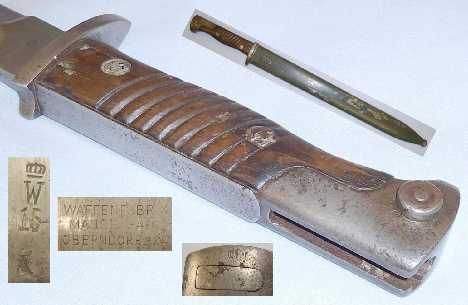 Imperial German WWI 1915 Dated Early Pattern Model 1898/05 Butcher Bayonet with Muzzle Ring/Quillon Removed and Steel Scabbard. BAYO 456. Bayonet