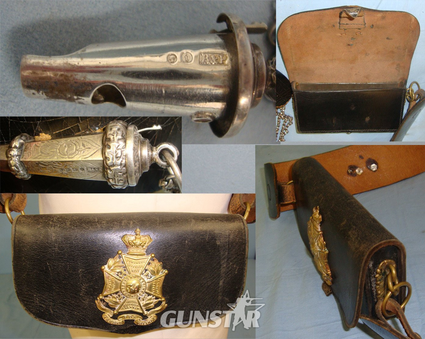 Victorian 34th (Cumberland) Regiment of Foot Infantry Officer\'s Leather Cross Belt With Brass Fittings Including Queen’s Crown Brass Badge, Mounted With Silver Chained Sterling Silver Whistle (Hallmarked Edinburgh 1864), Ammo Pouch Brass Regiment Badge  Antique & Militaria