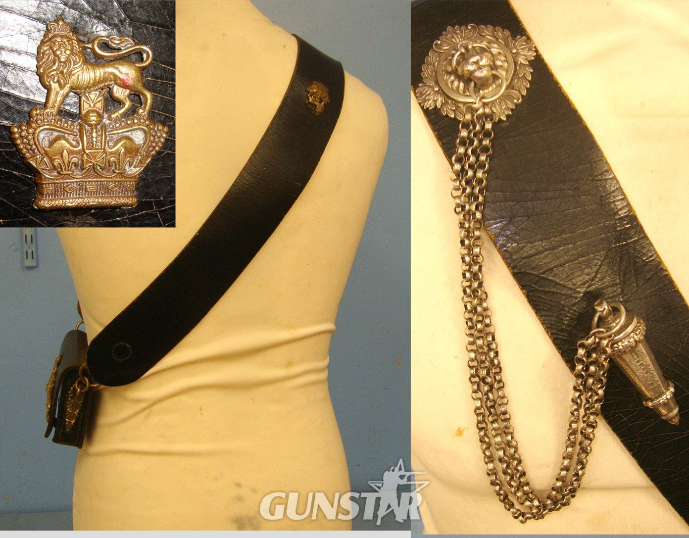  Victorian 34th (Cumberland) Regiment of Foot Infantry Officer\'s Leather Cross Belt With Brass Fittings Including Queen’s Crown Brass Badge, Mounted With Silver Chained Sterling Silver Whistle (Hallmarked Edinburgh 1864), Ammo Pouch Brass Regiment Badge  Antique & Militaria