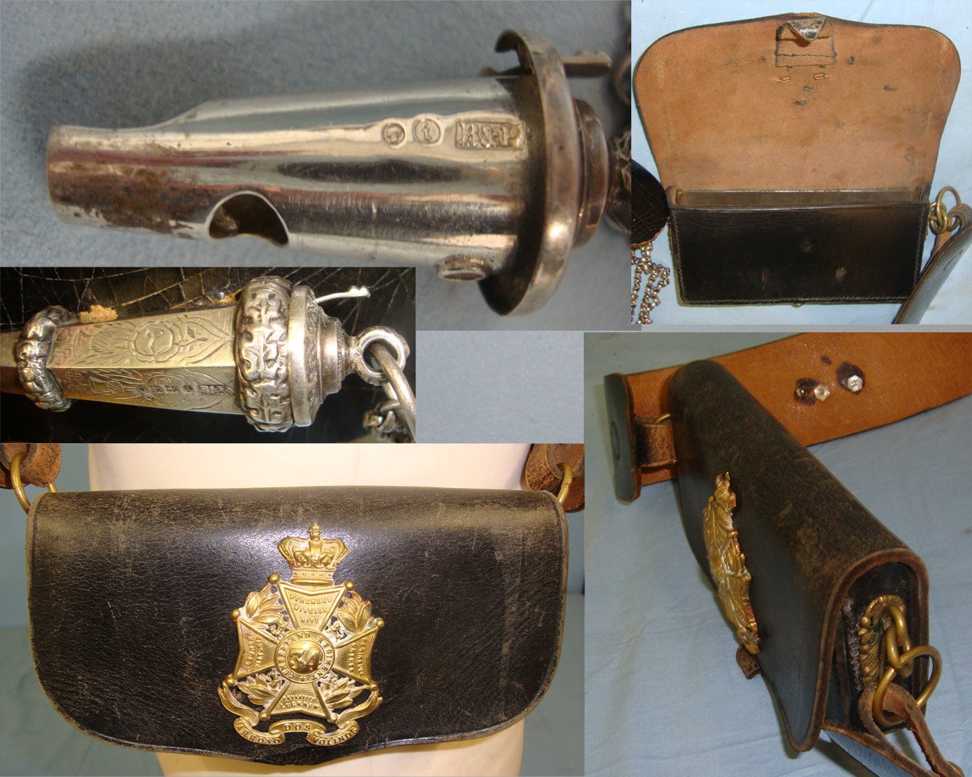 Victorian 34th (Cumberland) Regiment of Foot Infantry Officer\'s Leather Cross Belt With Brass Fittings Including Queen’s Crown Brass Badge, Mounted With Silver Chained Sterling Silver Whistle (Hallmarked Edinburgh 1864), Ammo Pouch Brass Regiment Badge  Antique & Militaria