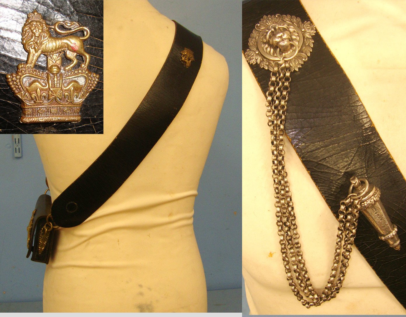  Victorian 34th (Cumberland) Regiment of Foot Infantry Officer\'s Leather Cross Belt With Brass Fittings Including Queen’s Crown Brass Badge, Mounted With Silver Chained Sterling Silver Whistle (Hallmarked Edinburgh 1864), Ammo Pouch Brass Regiment Badge  Antique & Militaria