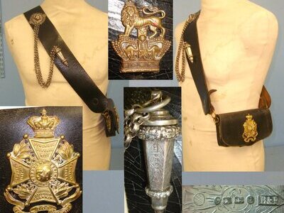 Victorian 34th (Cumberland) Regiment of Foot Infantry Officer\'s Leather Cross Belt With Brass Fittings Including Queen’s Crown Brass Badge, Mounted With Silver Chained Sterling Silver Whistle (Hallmarked Edinburgh 1864), Ammo Pouch Brass Regiment Badge  Antique & Militaria
