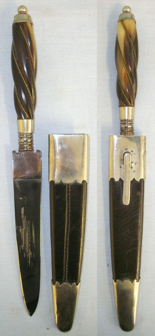 QUALITY**Victorian JOSEPH RODGERS & SONS, CUTLERS TO THEIR MAJESTIES, NO. 6 NORFOLK STREET, SHEFFIELD Dirk With Spirally Carved Polished Horn Hilt Bound With Plaited Copper Alloy Wire & Scabbard**FROM THE DAVID HAYDEN-WRIGHT COLLECTION** Sn 20813 Dagger