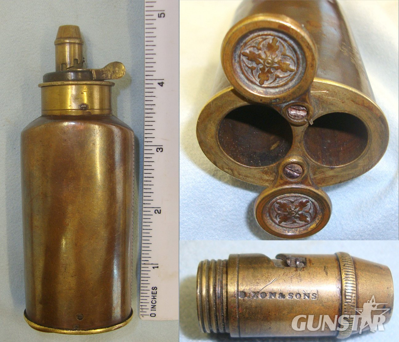C1830’s Pistol Size James Dixon & Sons Sheffield Copper & Brass Black Powder Flask With Graduated Sprung Nozzle Charger & Twin Base Receptacles For Balls, Patches & Or Percussion Caps.  A 1110  Magazine