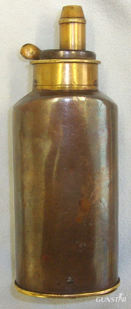  C1830’s Pistol Size James Dixon & Sons Sheffield Copper & Brass Black Powder Flask With Graduated Sprung Nozzle Charger & Twin Base Receptacles For Balls, Patches & Or Percussion Caps.  A 1110  Magazine