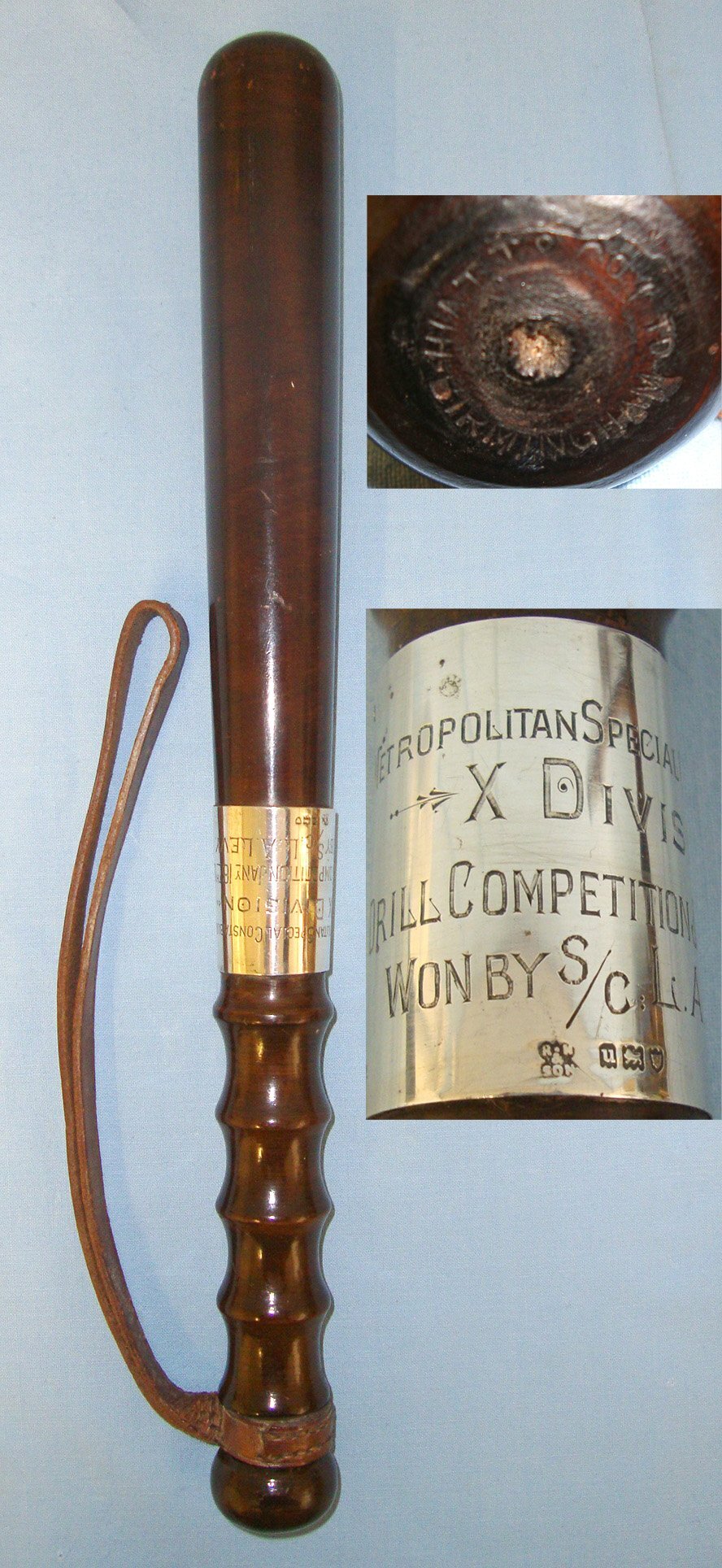 RARE**MINT**WW1 1916, Metropolitan Police (London) Special Constable\'s Drill Competition Award Prize Lignum Vitae Tropical Hardwood Truncheon By Hiatts Birmingham With Sterling Silver Hall Marked Presentation Plate To SC L.A. Levy X Division. Sn 21607  Antique & Militaria