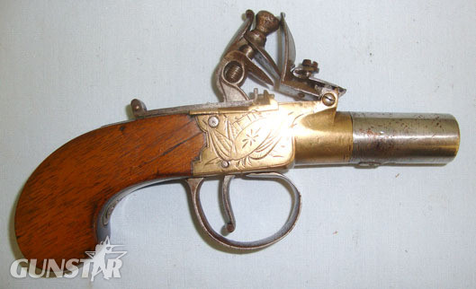 John Law Wolverhampton 44 Bore Brass Flintlock Pocket Pistol With Birmingham Black Powder Proofs, Steel  Muzzleloader in 
