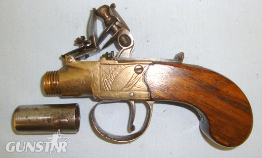 John Law Wolverhampton 44 Bore Brass Flintlock Pocket Pistol With Birmingham Black Powder Proofs, Steel  Muzzleloader