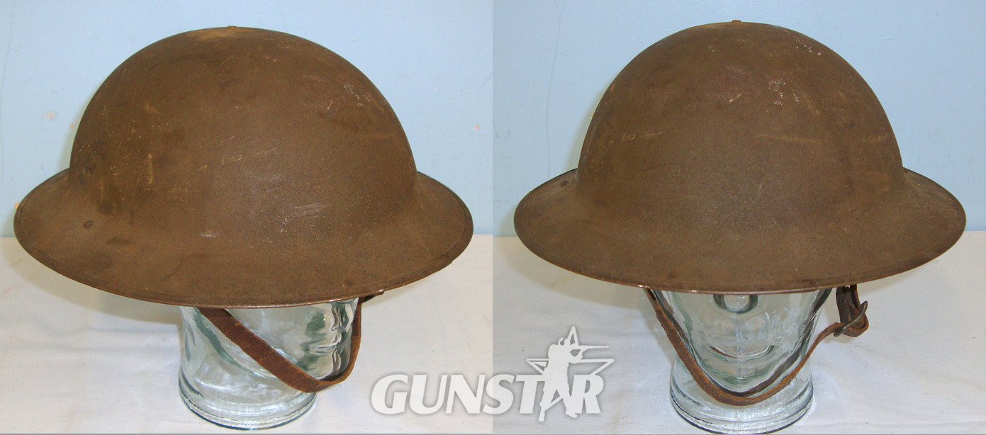 WW1 1918 U.S Army Model 1917 Trench Combat Helmet (British Brodie) By F.MHS Co With Oil Cloth Sweat Band & Correct Riveted Chin Strap Bales Fitted With Original Leather Chin Strap. HE 345  Clothing in 