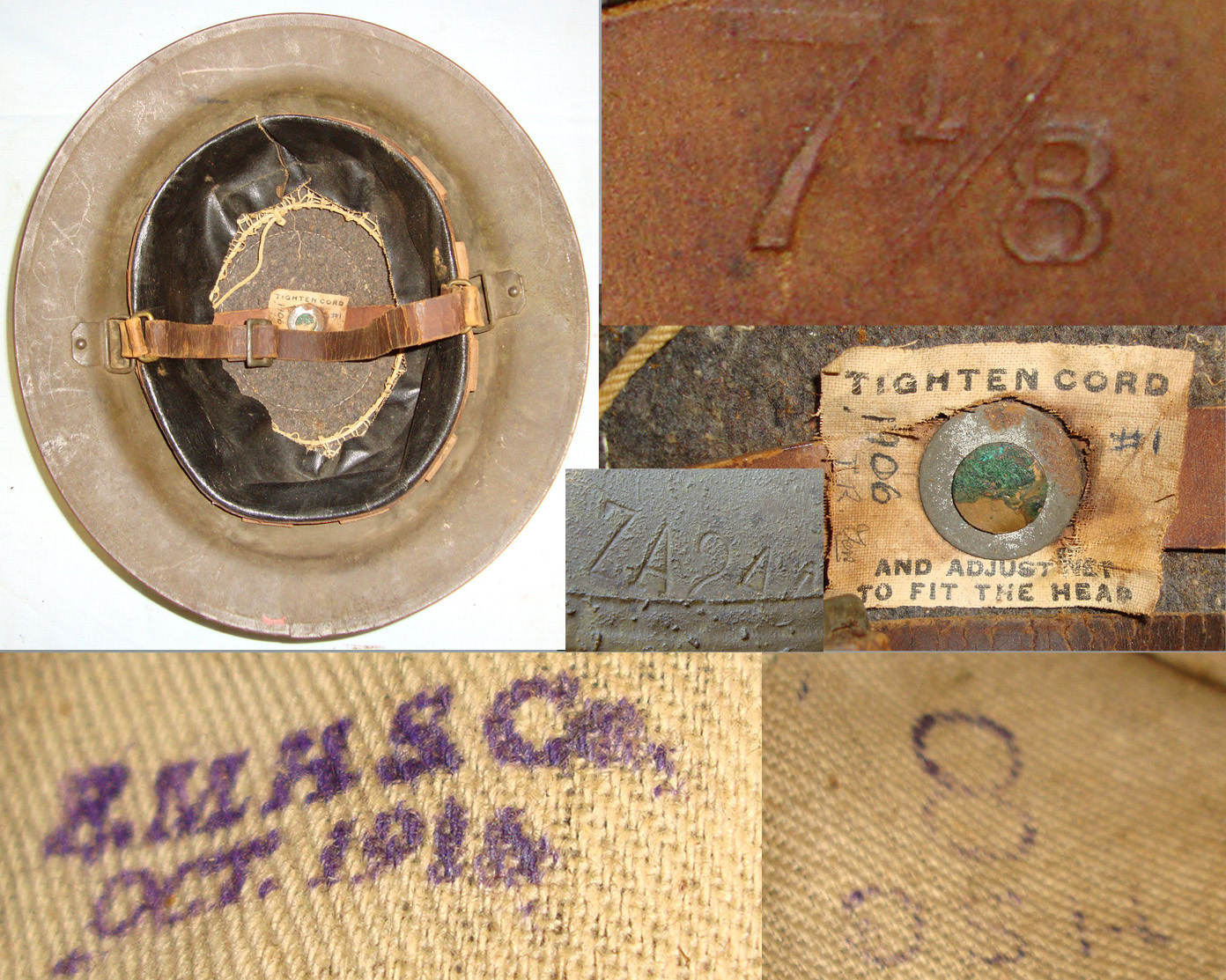 WW1 1918 U.S Army Model 1917 Trench Combat Helmet (British Brodie) By F.MHS Co With Oil Cloth Sweat Band & Correct Riveted Chin Strap Bales Fitted With Original Leather Chin Strap. HE 345  Clothing