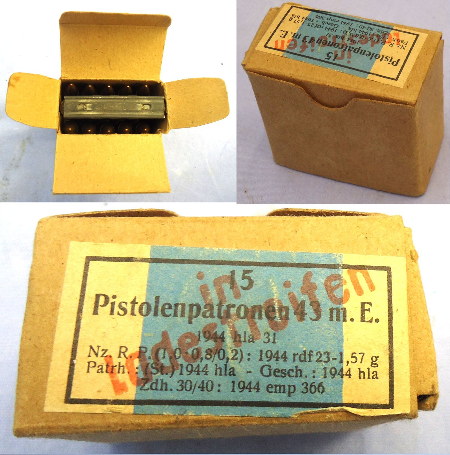  INERT DEACTIVATED. RARE, Unfired WW2 Original 1944 Dated German 15 Round Service Pack Of 7.92x33 Ball Ammunition in Stripper Clips for the MP44 Assault Rifle. O 2329 INERT DEACTIVATED. RARE, Unfired WW2 Original 1944 Dated German 15 Round Service Pack Of 7.92x33 Ball Ammunition in Stripper Clips for the MP44 Assault Rifle. O 2329 Various Other Ammunition