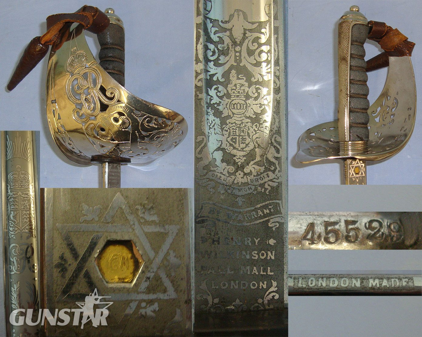 WW1 Era British WD 1897 Pattern Henry Wilkinson London Infantry Officer’s Sword With King George V Guard, Etched Blade Number 45529, Leather Officer’s Cord & Acorn Knot Leather Covered Field Service Scabbard & Sam Browne Leather Frog Without Long Stra Sword