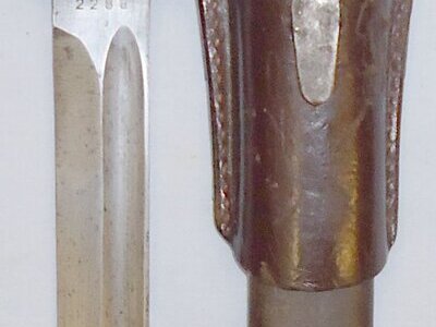Matching Numbers WWII S84/98 III Bayonet ‘43 Cul’ with Scabbard and Leather Frog. BAYO 789. Bayonet