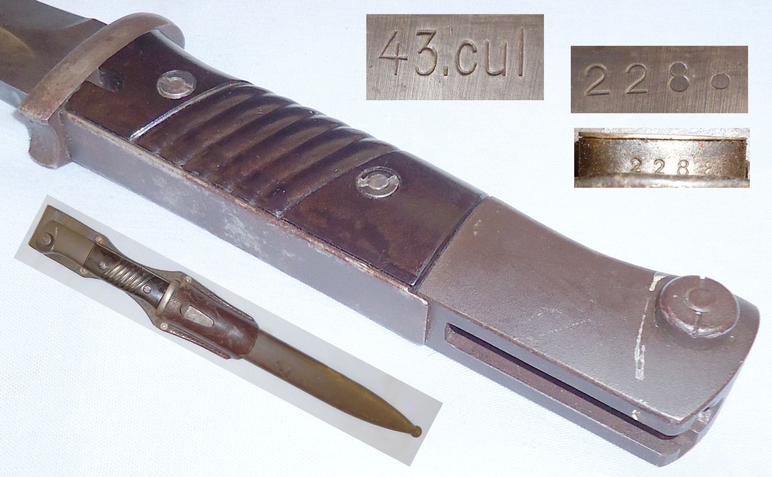 Matching Numbers WWII S84/98 III Bayonet ‘43 Cul’ with Scabbard and Leather Frog. BAYO 789. Bayonet