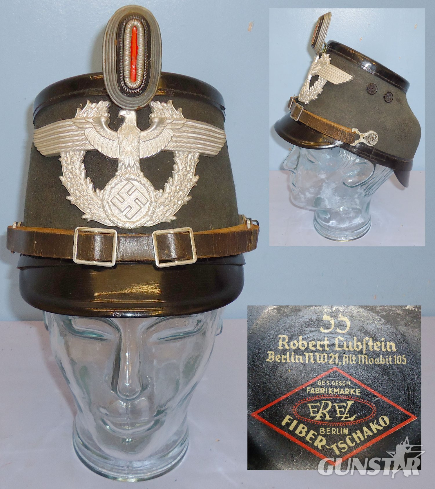 Original Pre WWII German Black Leather Berlin Police NCO Shako by Manufacturer EREL Robert Lubstein Berlin 55. 21695. Original Pre WWII German Black Leather Berlin Police NCO Shako by Manufacturer EREL Robert Lubstein Berlin 55. 21695.  Antique & Militaria in 