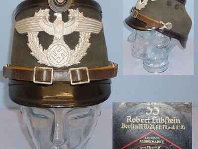 Original Pre WWII German Black Leather Berlin Police NCO Shako by Manufacturer EREL Robert Lubstein Berlin 55. 21695. Original Pre WWII German Black Leather Berlin Police NCO Shako by Manufacturer EREL Robert Lubstein Berlin 55. 21695.  Antique & Militaria