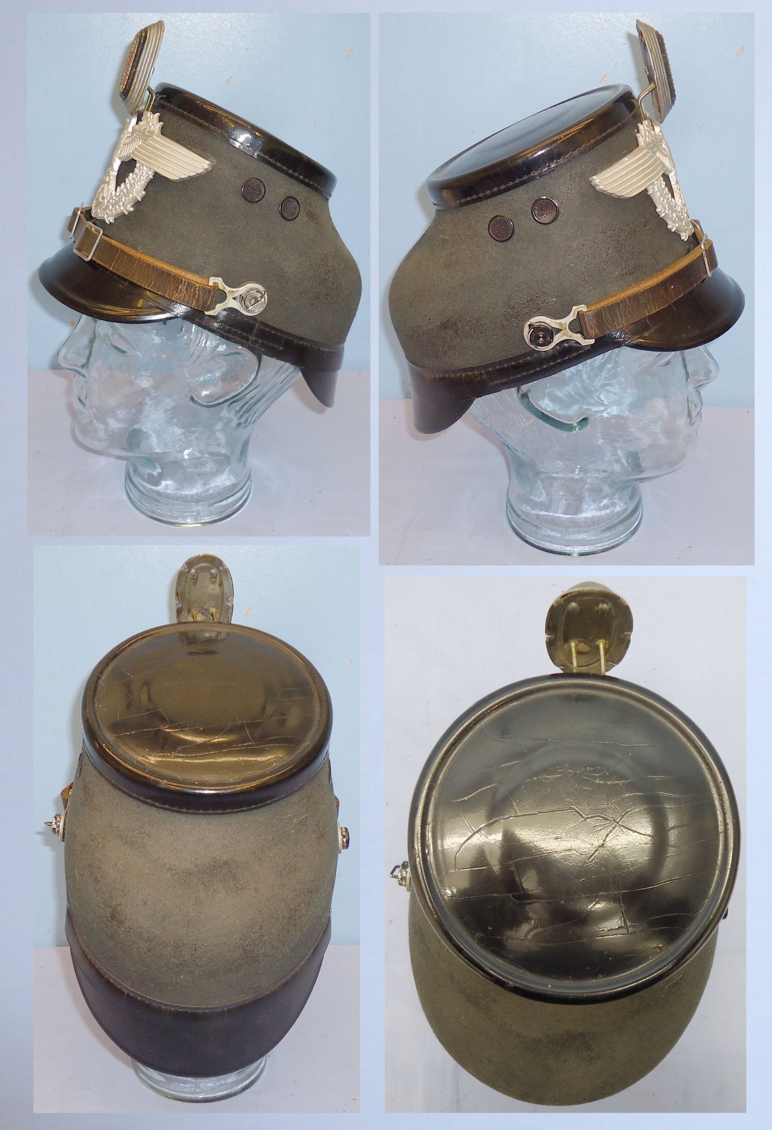 Original Pre WWII German Black Leather Berlin Police NCO Shako by Manufacturer EREL Robert Lubstein Berlin 55. 21695. Original Pre WWII German Black Leather Berlin Police NCO Shako by Manufacturer EREL Robert Lubstein Berlin 55. 21695.  Antique & Militaria