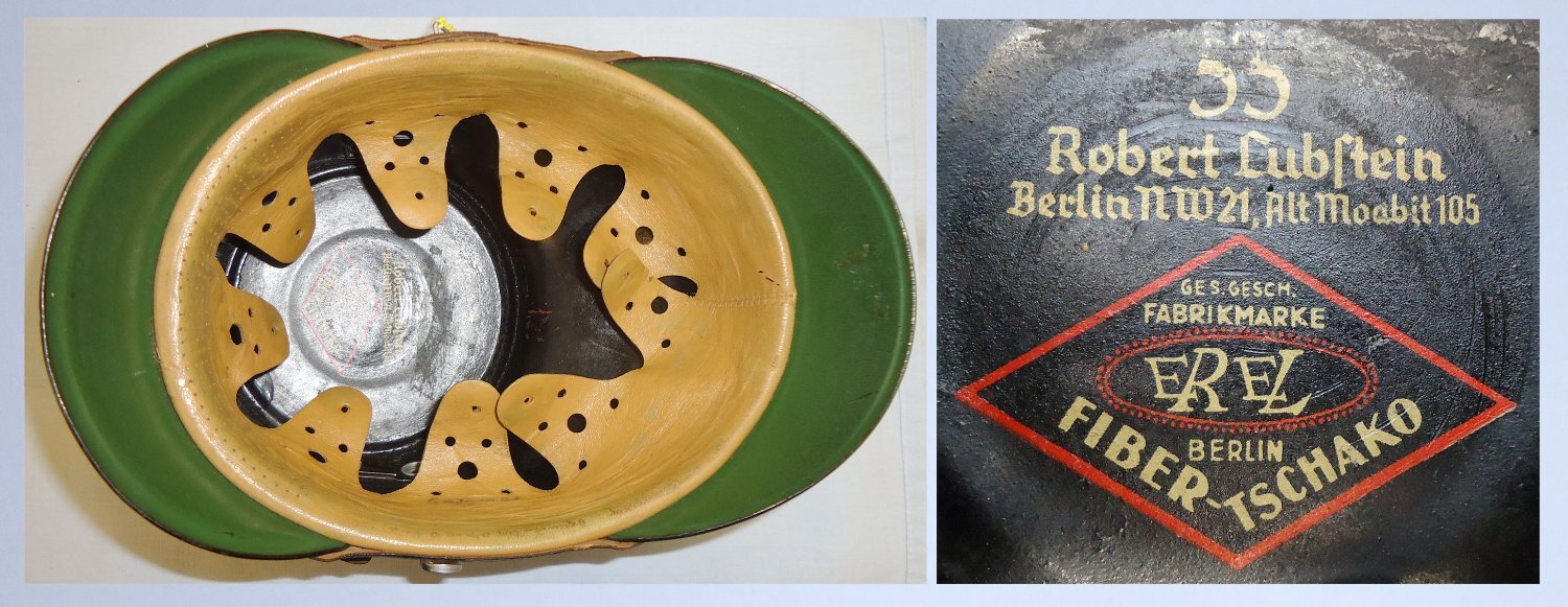  Original Pre WWII German Black Leather Berlin Police NCO Shako by Manufacturer EREL Robert Lubstein Berlin 55. 21695. Original Pre WWII German Black Leather Berlin Police NCO Shako by Manufacturer EREL Robert Lubstein Berlin 55. 21695.  Antique & Militaria