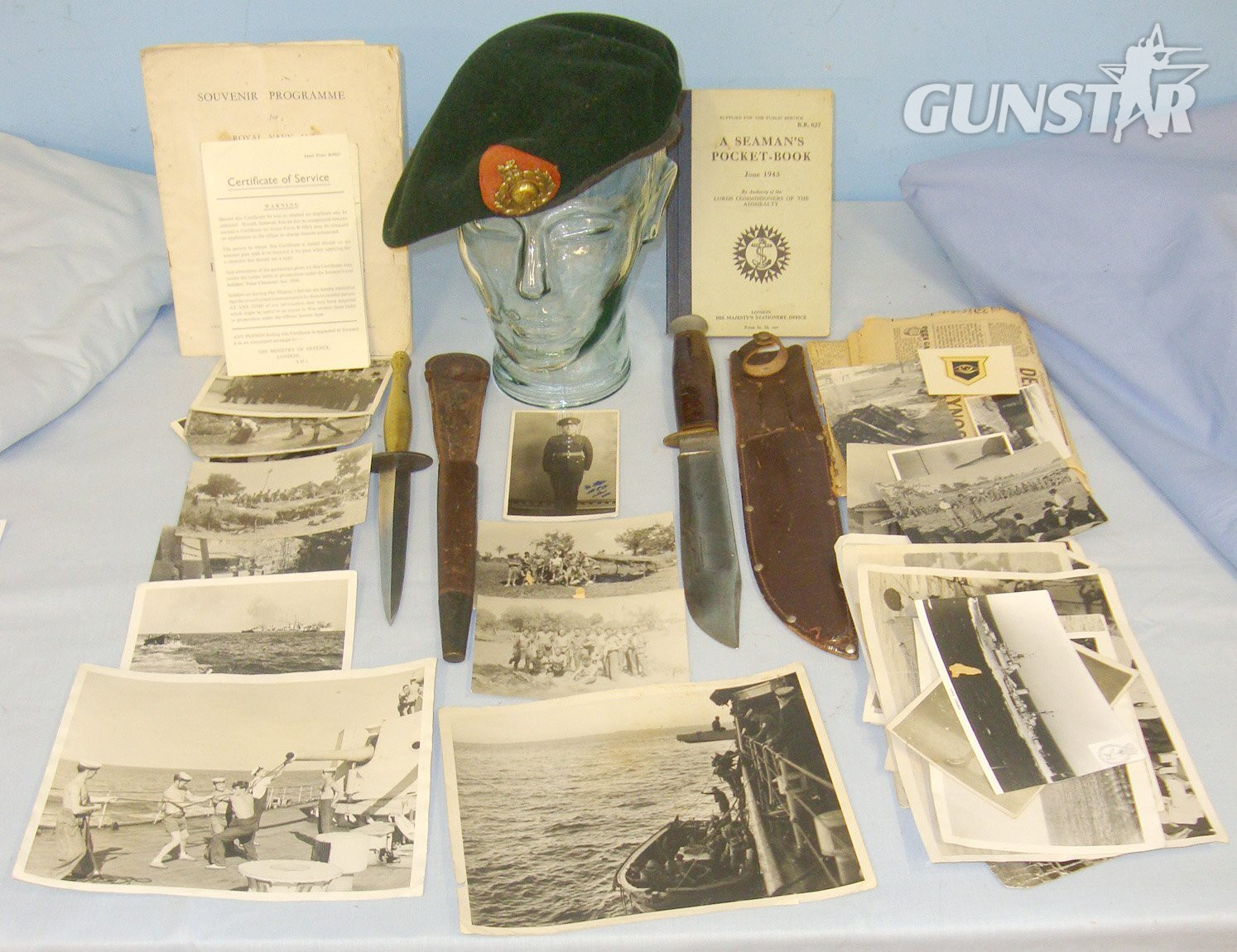 WW2 British Royal Marines Double Etched 2nd Pattern FS Fighting Knife With Scabbard, Green Beret, William Rodgers Sheffield Utility Knife With Scabbard Many Original WW2 Photos & Ephemera Attributed to L/Cpl Marine Arthur John Kirkby . Sn 19133:4 Knive in 