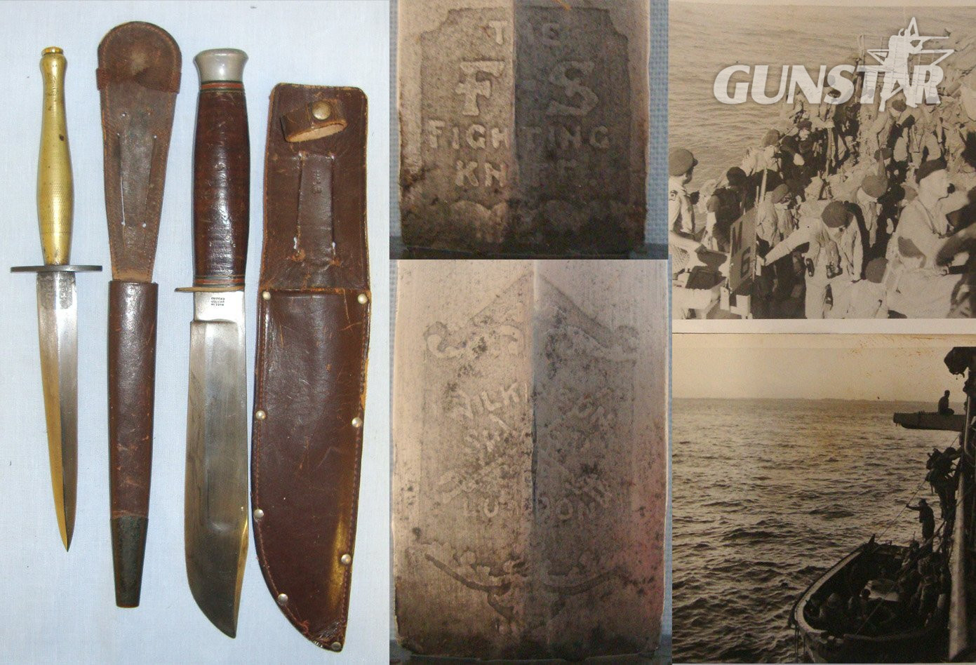 WW2 British Royal Marines Double Etched 2nd Pattern FS Fighting Knife With Scabbard, Green Beret, William Rodgers Sheffield Utility Knife With Scabbard Many Original WW2 Photos & Ephemera Attributed to L/Cpl Marine Arthur John Kirkby . Sn 19133:4 Knive