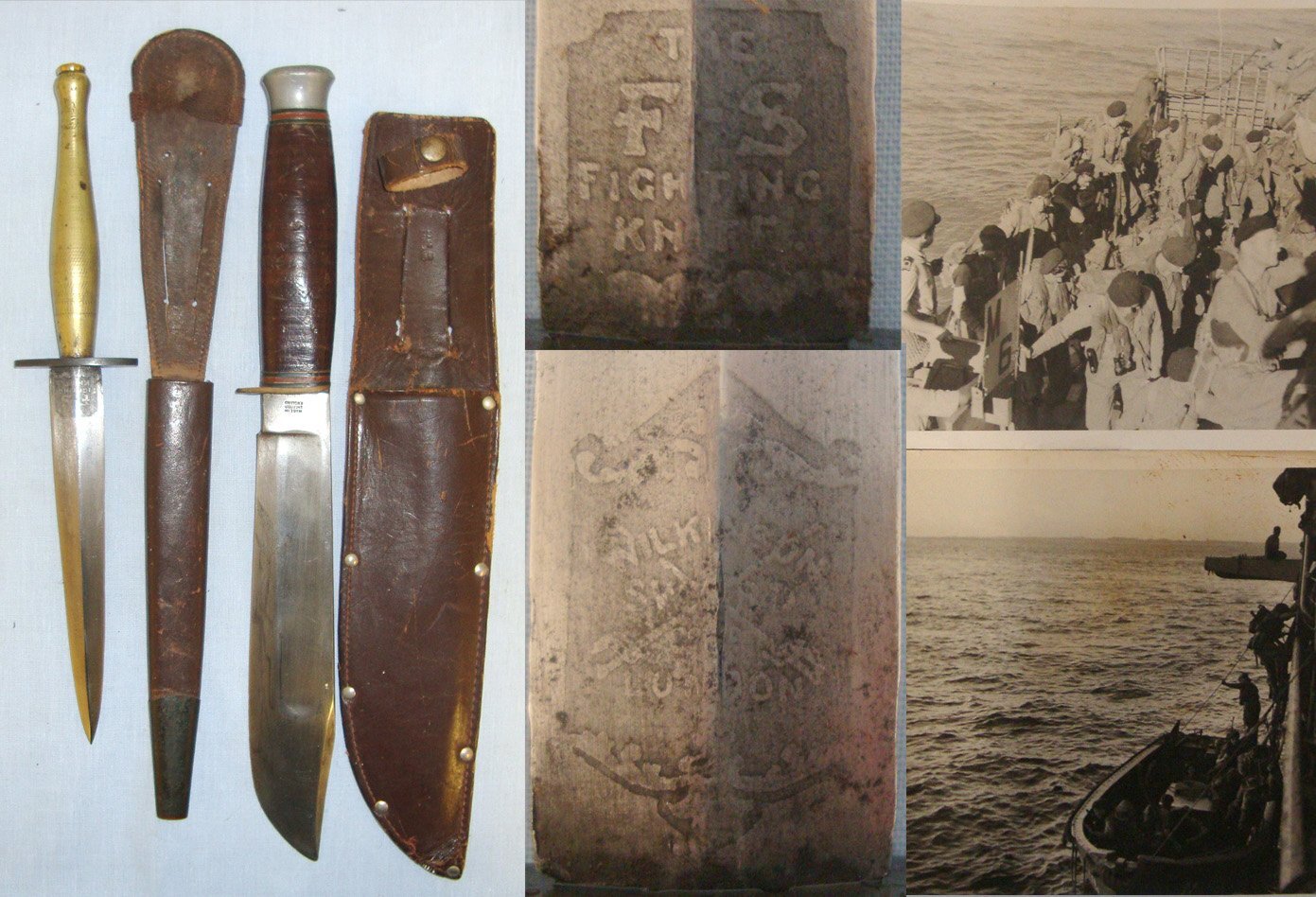 WW2 British Royal Marines Double Etched 2nd Pattern FS Fighting Knife With Scabbard, Green Beret, William Rodgers Sheffield Utility Knife With Scabbard Many Original WW2 Photos & Ephemera Attributed to L/Cpl Marine Arthur John Kirkby . Sn 19133:4 Knive