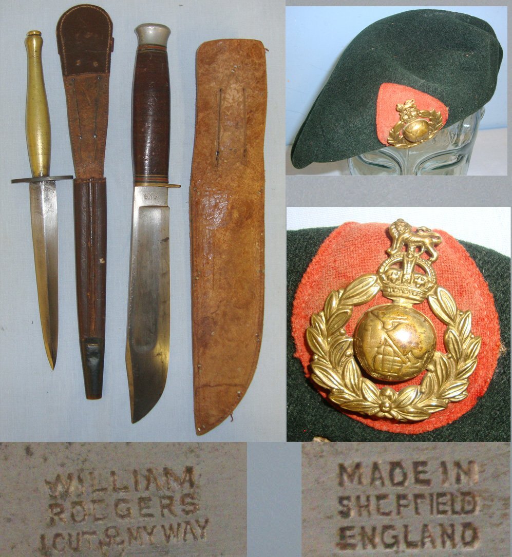  WW2 British Royal Marines Double Etched 2nd Pattern FS Fighting Knife With Scabbard, Green Beret, William Rodgers Sheffield Utility Knife With Scabbard Many Original WW2 Photos & Ephemera Attributed to L/Cpl Marine Arthur John Kirkby . Sn 19133:4 Knive