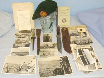 WW2 British Royal Marines Double Etched 2nd Pattern FS Fighting Knife With Scabbard, Green Beret, William Rodgers Sheffield Utility Knife With Scabbard Many Original WW2 Photos & Ephemera Attributed to L/Cpl Marine Arthur John Kirkby . Sn 19133:4 Knive