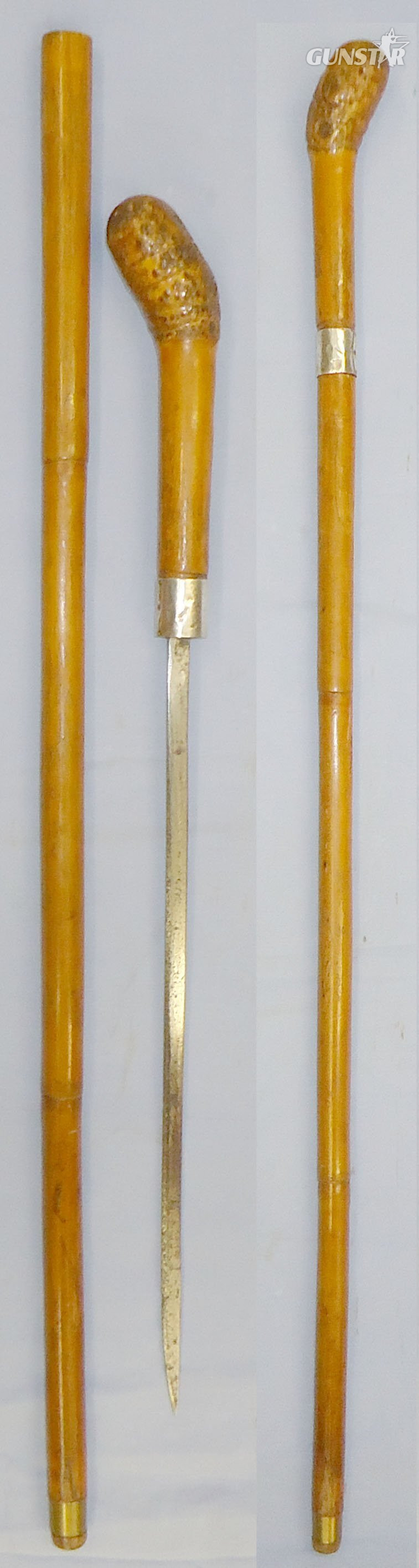 C1817 English Gentleman’s Mallaca Sword Stick with Knurled Handle & Silver Band by Silversmith Joseph Hicks. ED 827. Sword in 