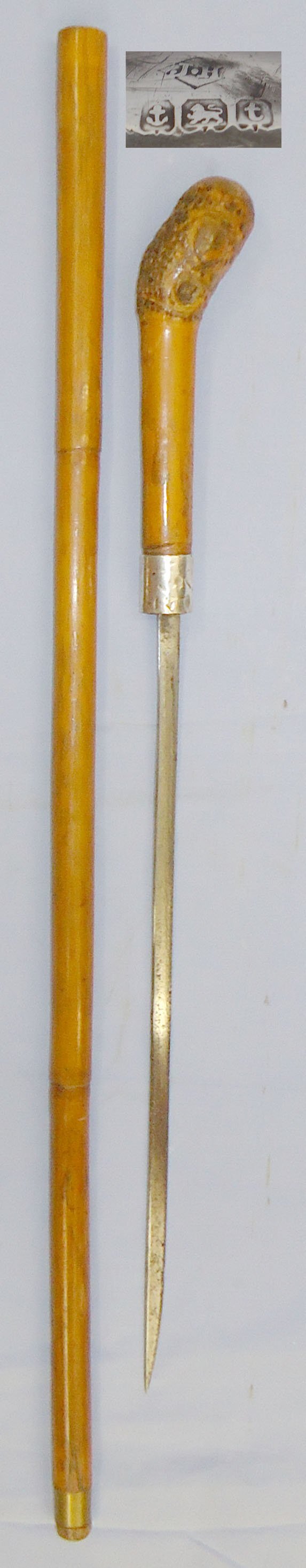  C1817 English Gentleman’s Mallaca Sword Stick with Knurled Handle & Silver Band by Silversmith Joseph Hicks. ED 827. Sword