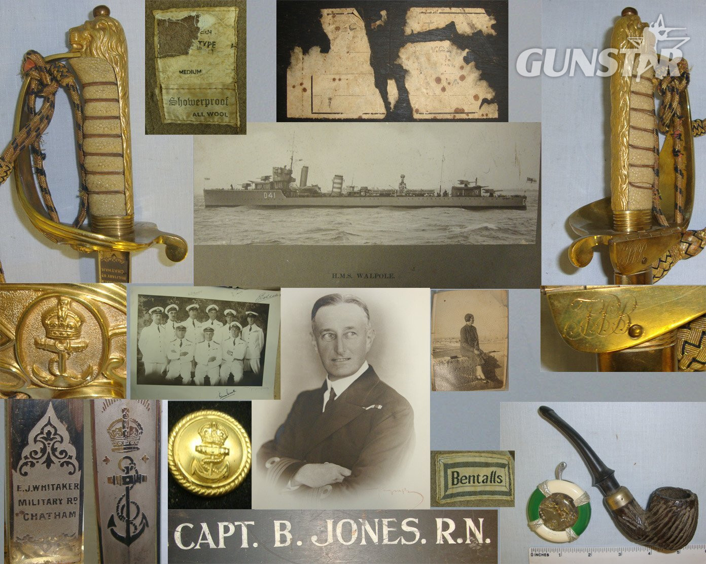 WW2 Era British Royal Navy Locker To Capt Jones DSO DSC HMS Walpole Containing A Collection Of Uniform, Dress Sword With Scabbard & Foul Weather Cover, 2 Large Ensign Flags & Ephemera. Sn 19345  Sword
