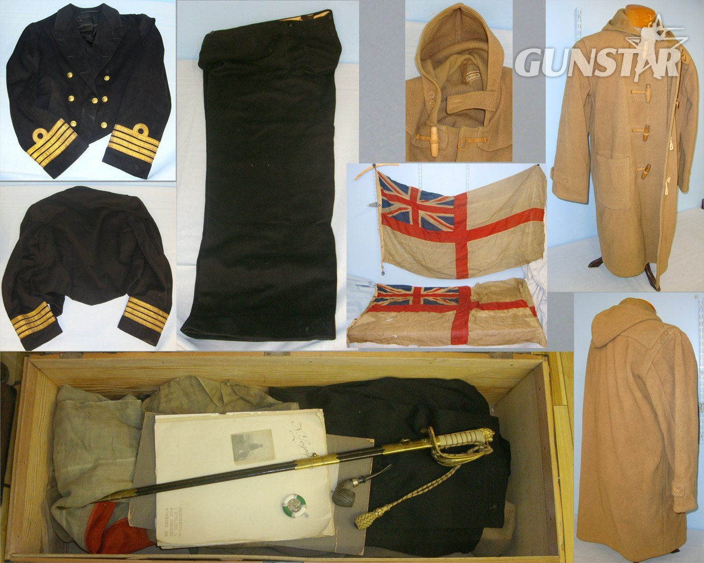  WW2 Era British Royal Navy Locker To Capt Jones DSO DSC HMS Walpole Containing A Collection Of Uniform, Dress Sword With Scabbard & Foul Weather Cover, 2 Large Ensign Flags & Ephemera. Sn 19345  Sword