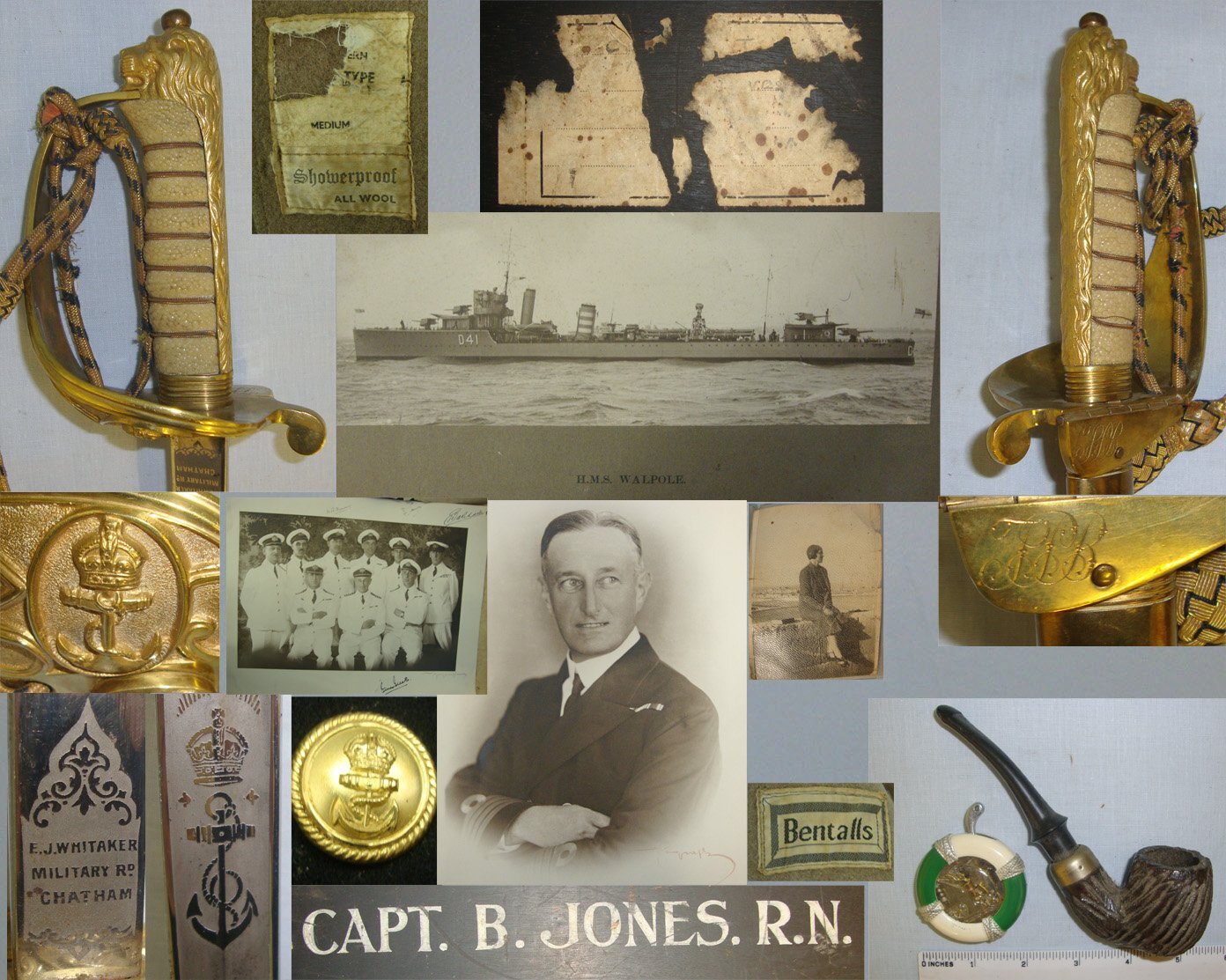 WW2 Era British Royal Navy Locker To Capt Jones DSO DSC HMS Walpole Containing A Collection Of Uniform, Dress Sword With Scabbard & Foul Weather Cover, 2 Large Ensign Flags & Ephemera. Sn 19345  Sword