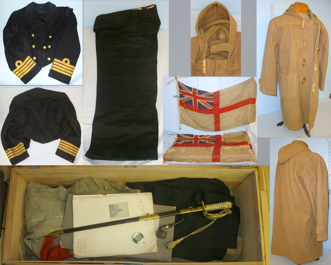  WW2 Era British Royal Navy Locker To Capt Jones DSO DSC HMS Walpole Containing A Collection Of Uniform, Dress Sword With Scabbard & Foul Weather Cover, 2 Large Ensign Flags & Ephemera. Sn 19345  Sword