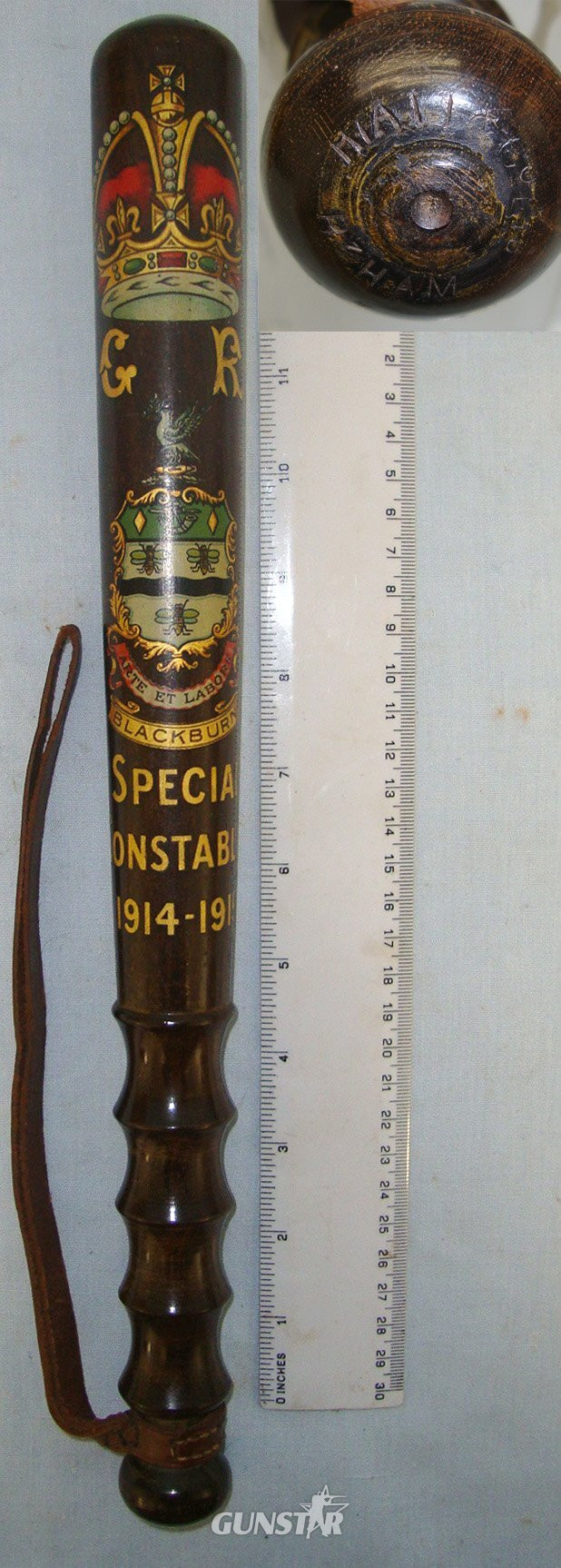 MINT**WW1 Hiatt & Co Birmingham 1914-1919 Dated, Polychrome Decorated British Blackburn Special Constable’s Lignum Vitae Tropical Hard Wood Presentation Police Truncheon & Leather Wrist Strap. Sn 22196  Antique & Militaria in 