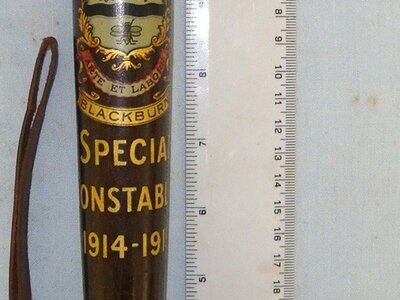 MINT**WW1 Hiatt & Co Birmingham 1914-1919 Dated, Polychrome Decorated British Blackburn Special Constable’s Lignum Vitae Tropical Hard Wood Presentation Police Truncheon & Leather Wrist Strap. Sn 22196  Antique & Militaria