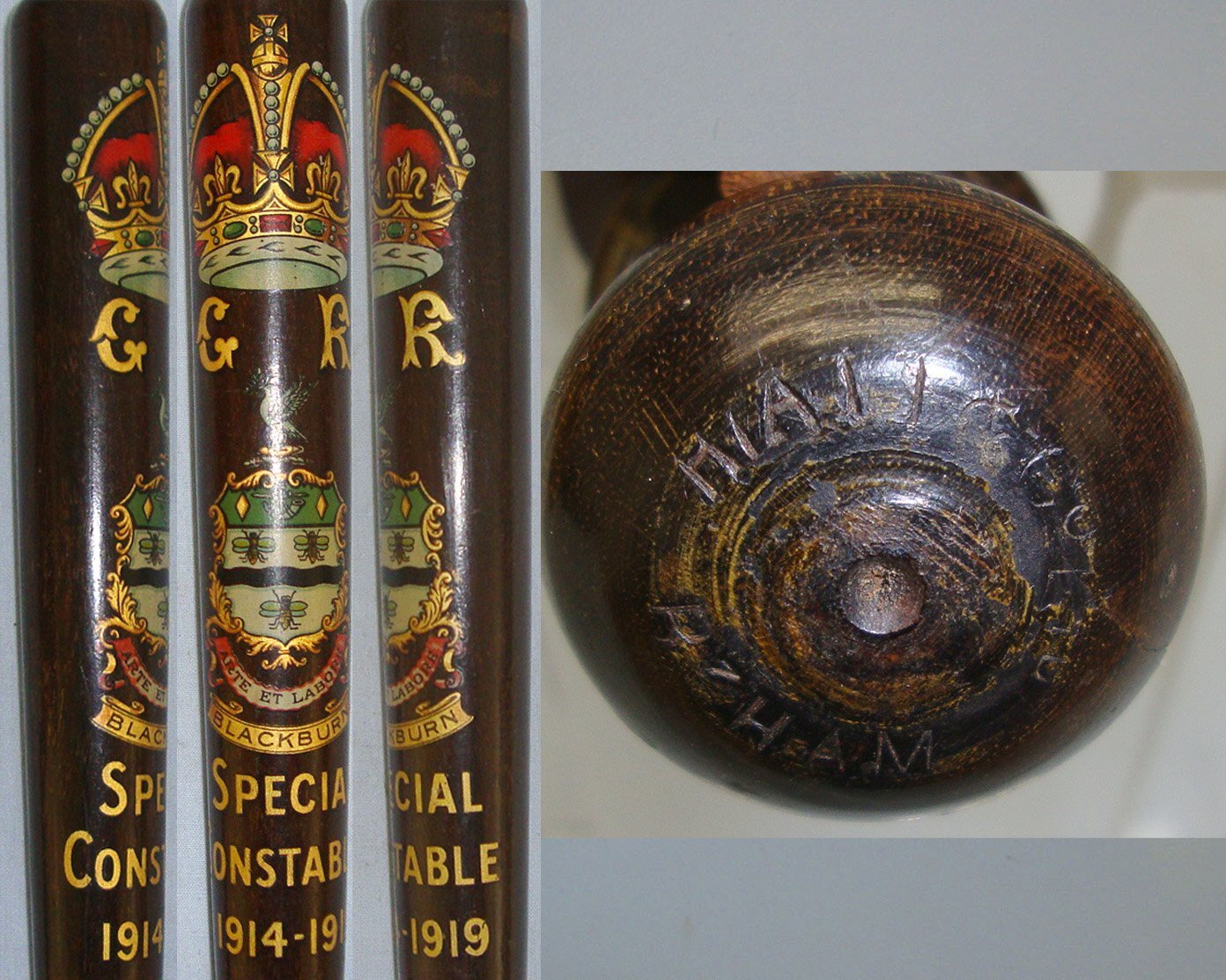 MINT**WW1 Hiatt & Co Birmingham 1914-1919 Dated, Polychrome Decorated British Blackburn Special Constable’s Lignum Vitae Tropical Hard Wood Presentation Police Truncheon & Leather Wrist Strap. Sn 22196  Antique & Militaria