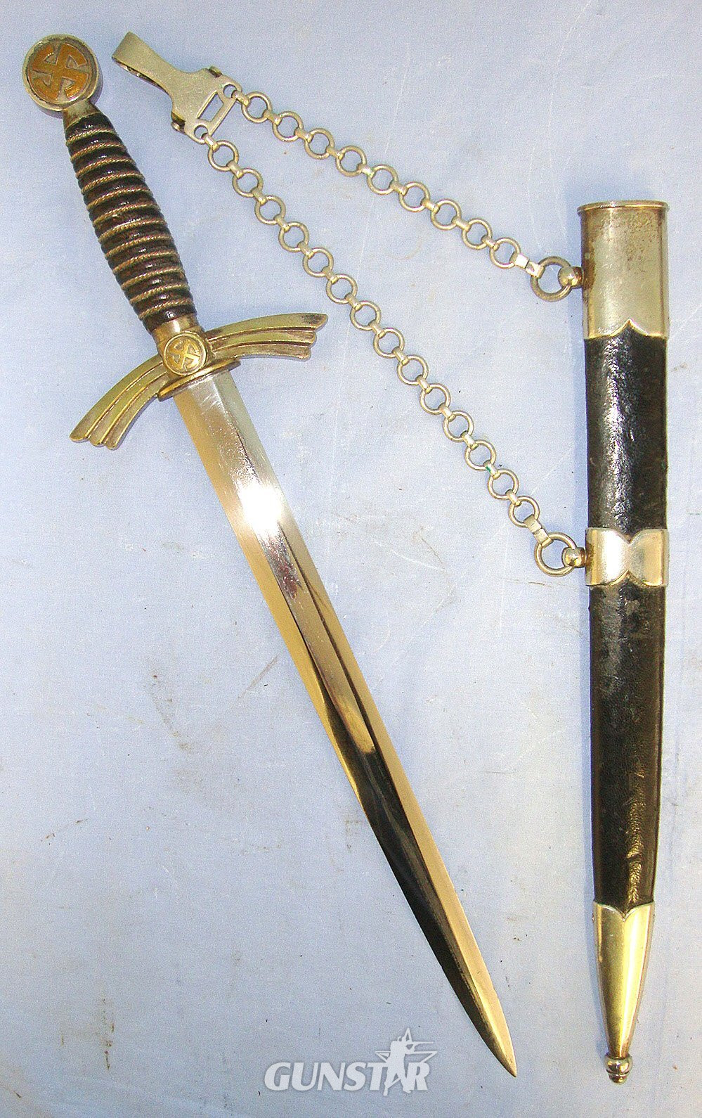 RARE**ORIGINAL**1st Pattern WW2 Nazi German Luftwaffe Officer's Dagger With Heavy Nickel Plated Fittings By Gebr Heller Marienthal With Luftwaffe Inspection Mark, Number ‘16’ & Scabbard With Hanging Chains And Clasp. Sn 23183 Dagger
