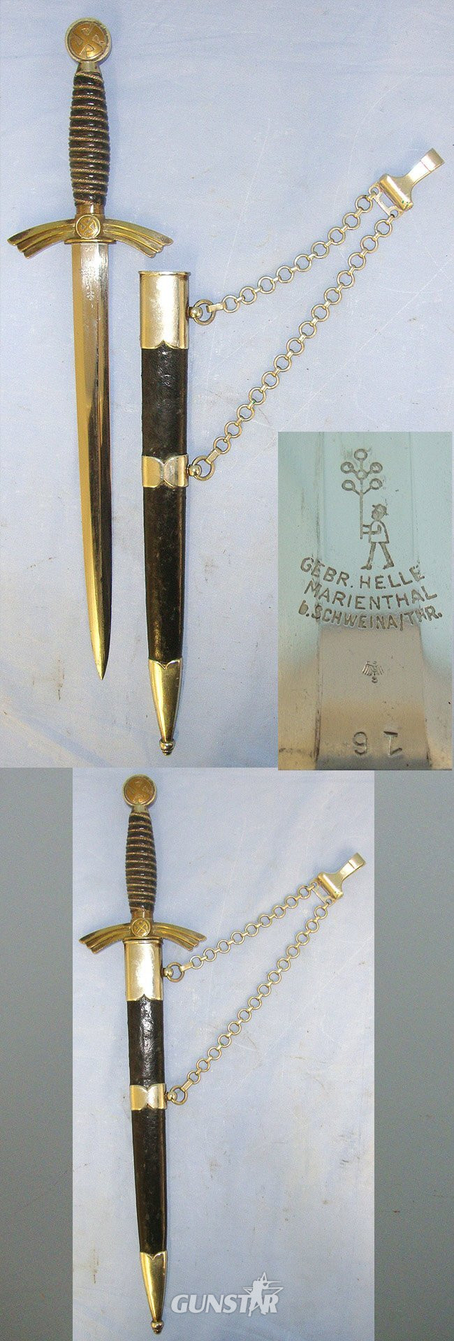  RARE**ORIGINAL**1st Pattern WW2 Nazi German Luftwaffe Officer's Dagger With Heavy Nickel Plated Fittings By Gebr Heller Marienthal With Luftwaffe Inspection Mark, Number ‘16’ & Scabbard With Hanging Chains And Clasp. Sn 23183 Dagger