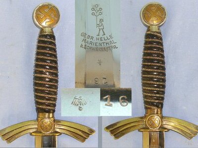 RARE**ORIGINAL**1st Pattern WW2 Nazi German Luftwaffe Officer's Dagger With Heavy Nickel Plated Fittings By Gebr Heller Marienthal With Luftwaffe Inspection Mark, Number ‘16’ & Scabbard With Hanging Chains And Clasp. Sn 23183 Dagger